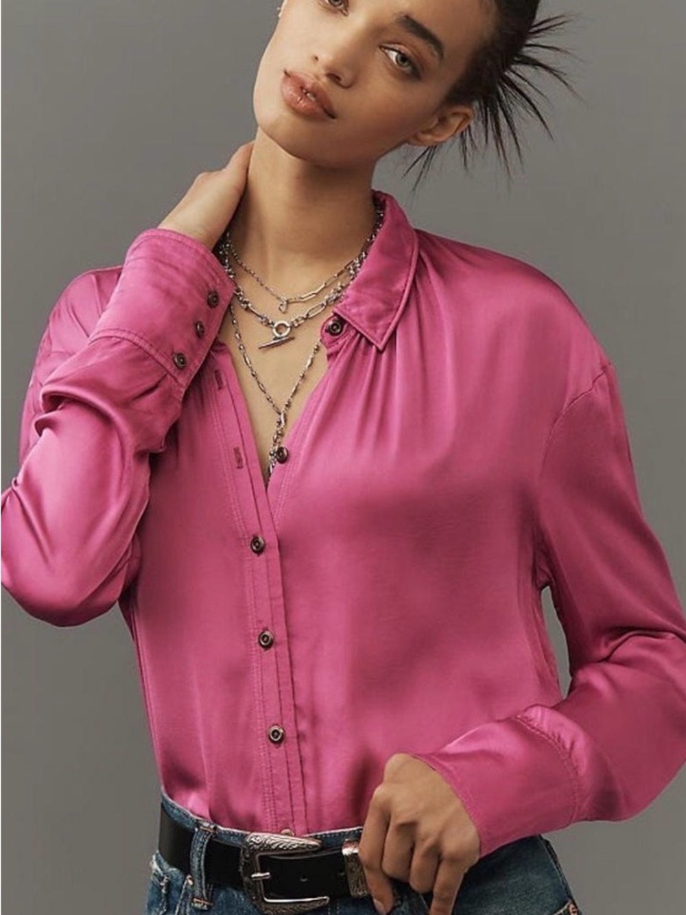 Pilcro Anthropologie Satin Button-Down Blouse in Bright Pink